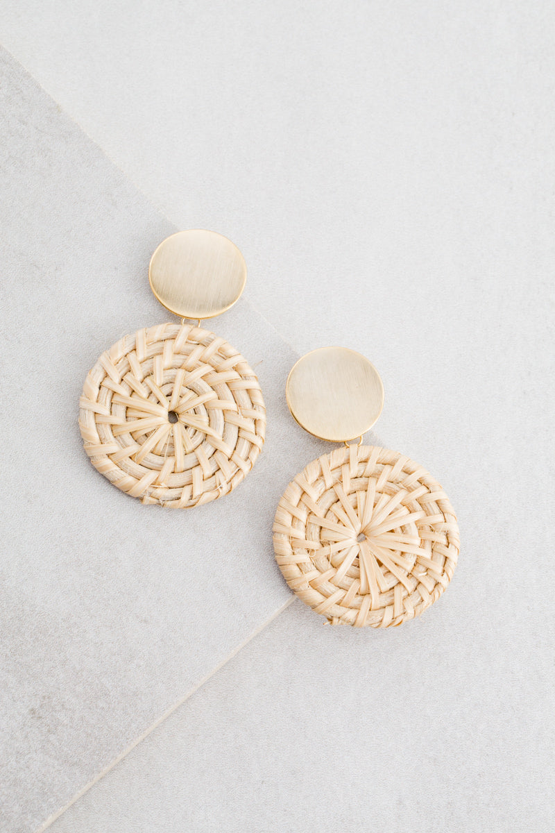 Wicker Disc Drop Earrings | Natural Brown